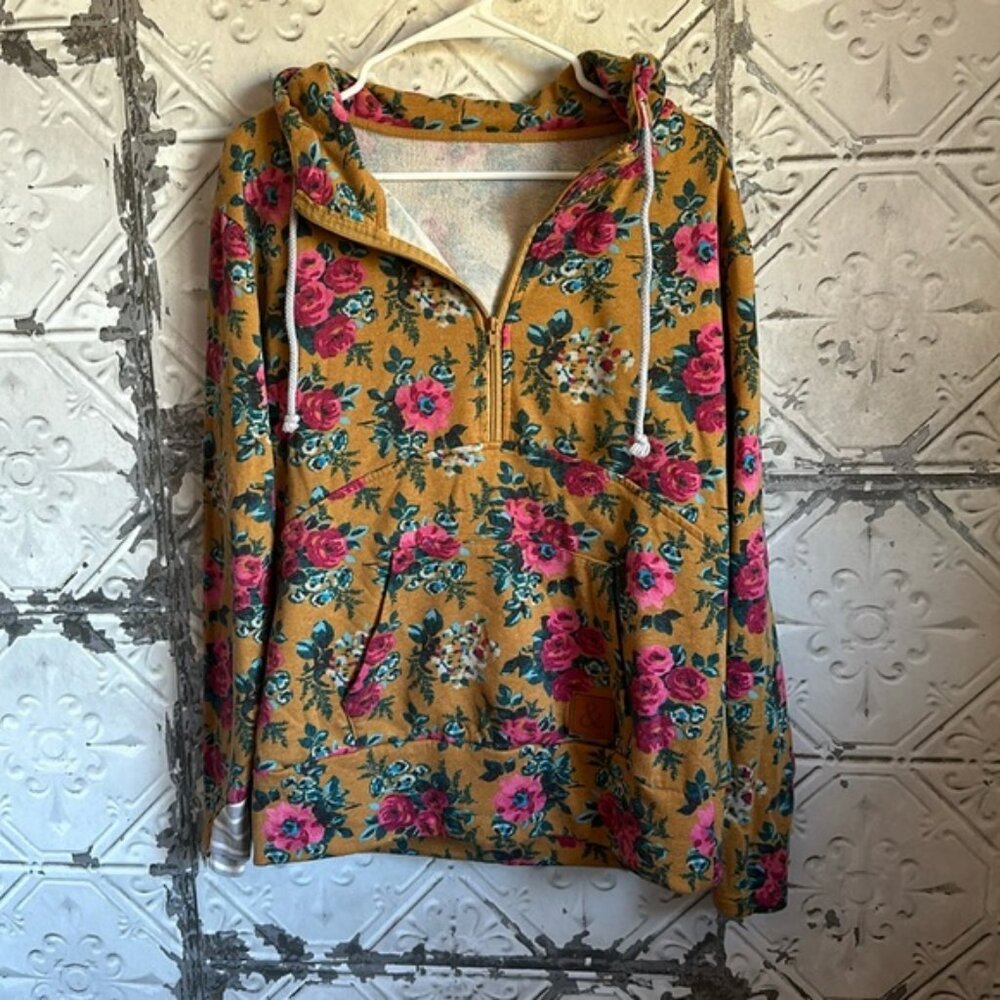 Boutique gold floral print quarter zip hoodie